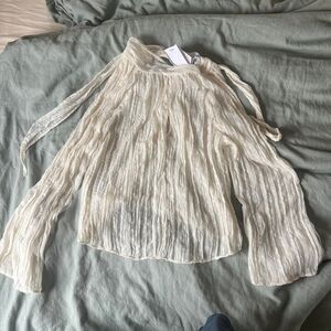 mango nwt white sheer bow textured blouse with bell sleeves size L